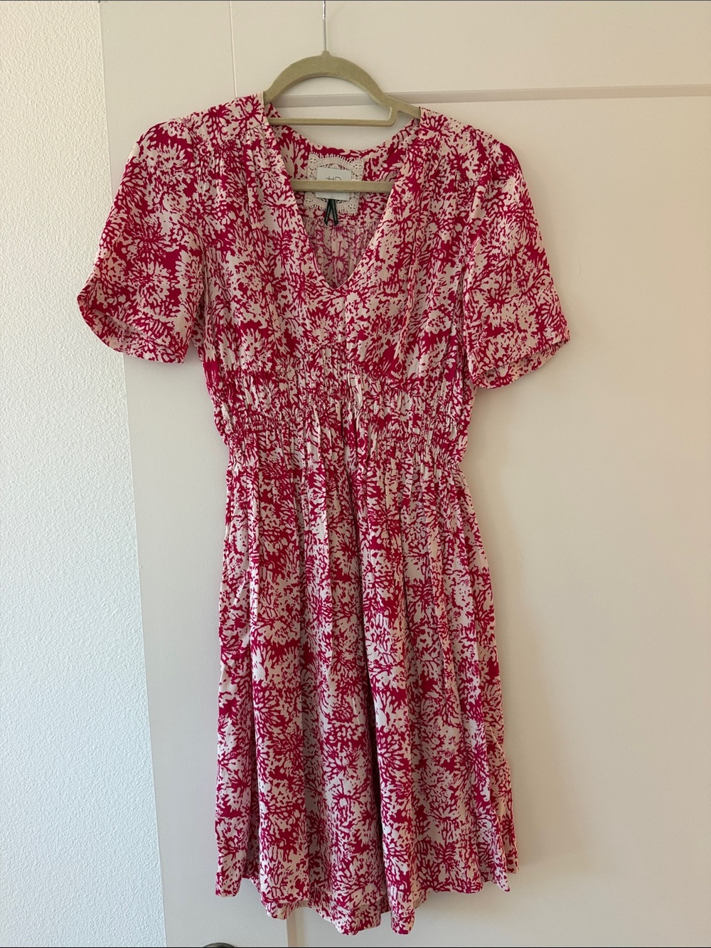 HD in Paris Pink and White V-Neck Smocked Floral Mini Dress
